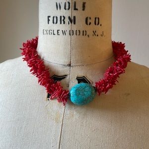 Beautifully crafted red beaded necklace with turquoise stone pendant